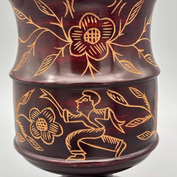 Vintage Hand-Carved Wooden Pitcher with Etched Floral Design on Pedestal Base - Picture 4 of 8